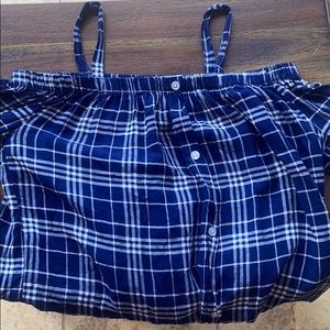 Navy blue and white off the shoulder shirt